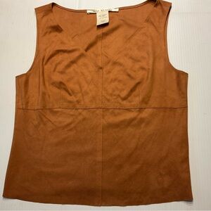 Max Studio Brown Tan Cognac Faux Suede Sleeveless Top V Neck Y2K Women Sz S